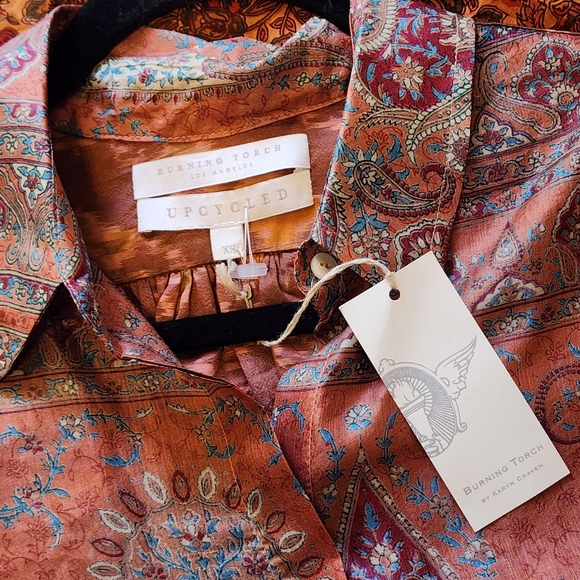 Burning Torch Upcycled Silk VIVIENNE SHIRTDRESS Button Down Dress - Picture 2 of 3